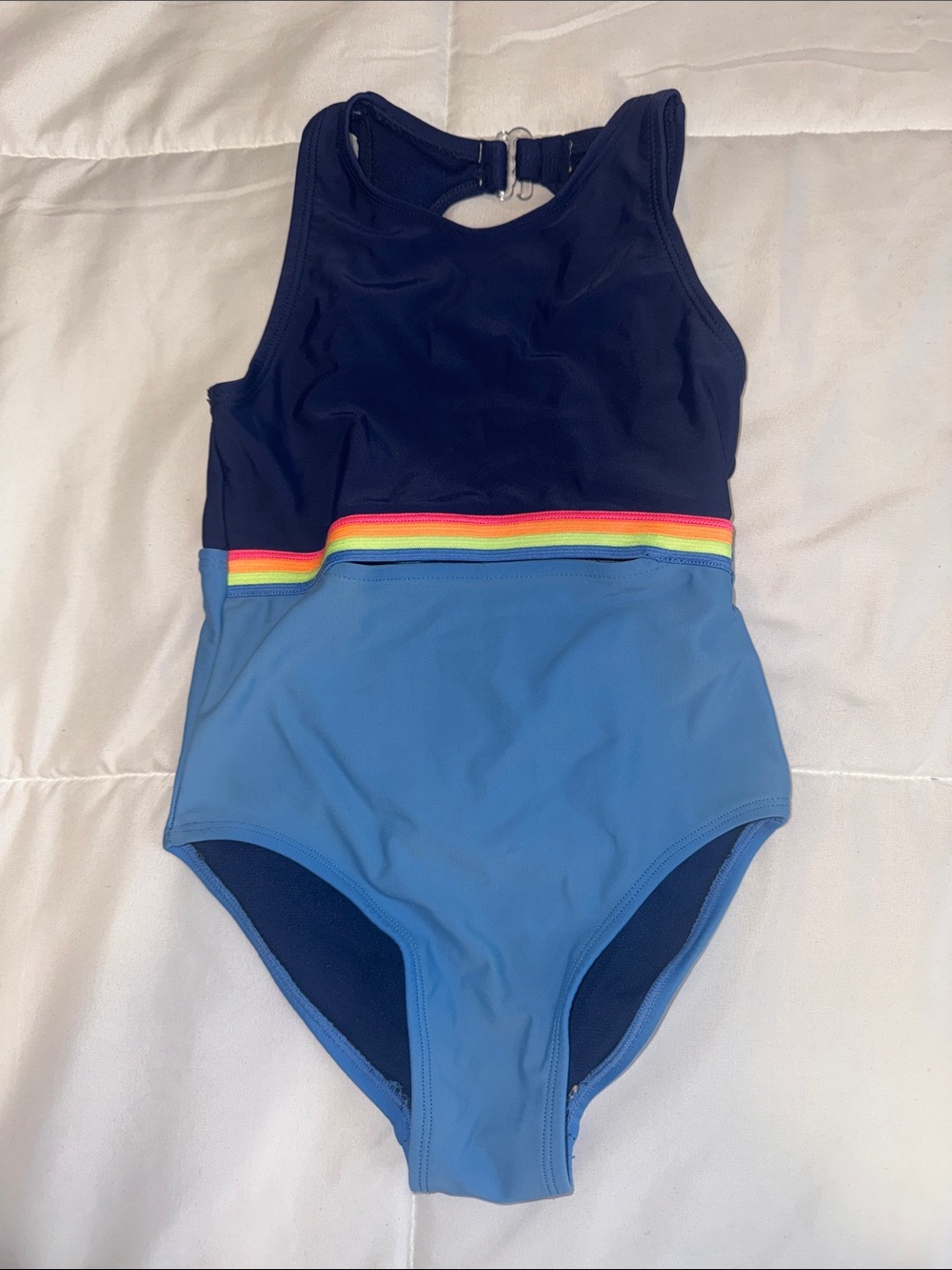 5/$30 Girls Navy & Light Blue One-Piece Swimsuit with Rainbow Peek Through Front